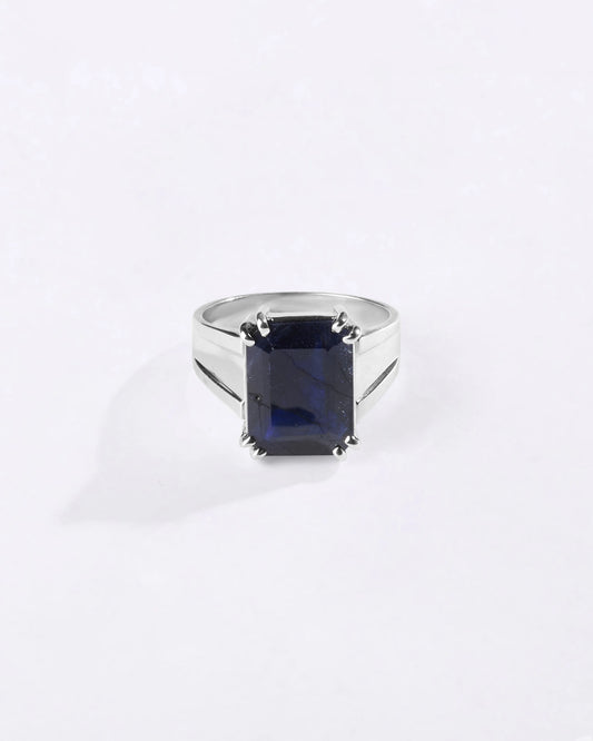 Statement Blue Sapphire (Neelam) Ring in 925 Sterling Silver - Rectangular Nexa