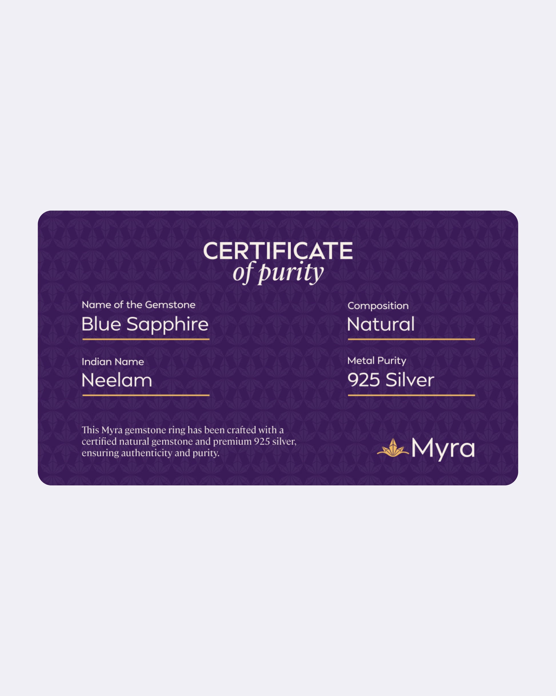 Certificate of Purity of Blue Sapphire in 925 Silver