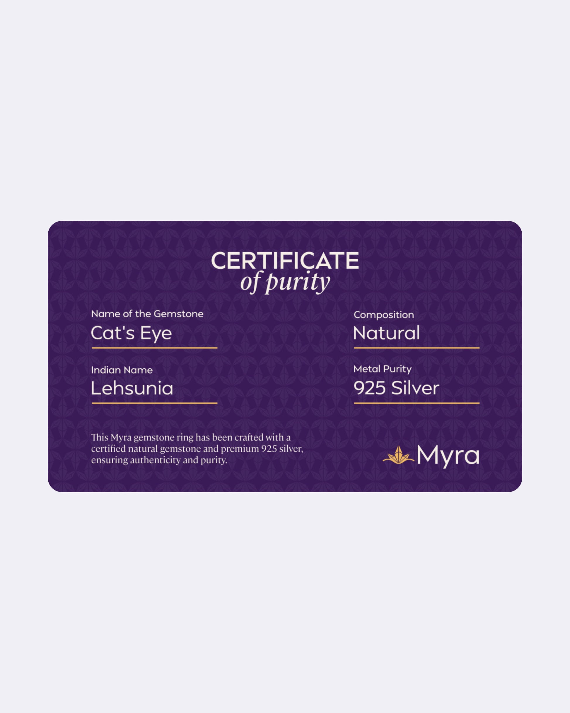 Certificate of Purity of Cat's Eye in 925 Silver