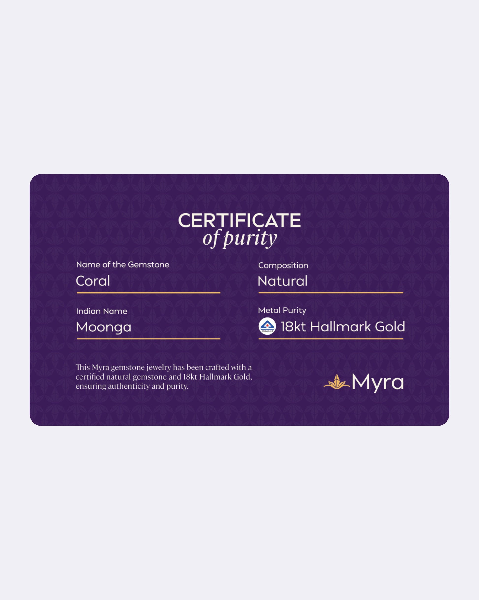 Certificate of Purity of Coral in 18K Hallmark Gold