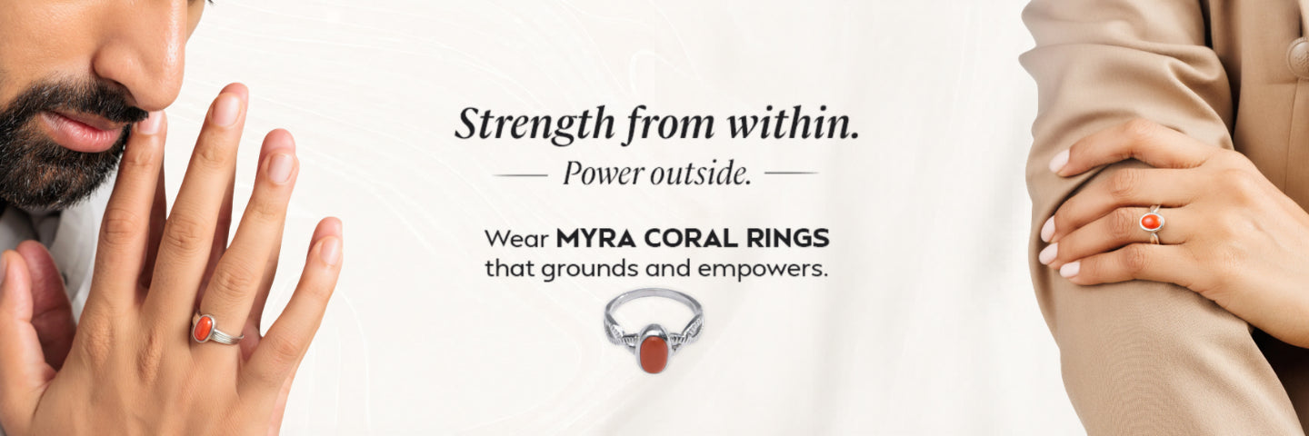 Myra Coral Silver Rings in Male and Female Hand