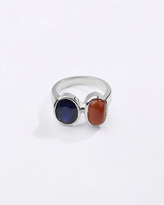 Natural Dual Blue Sapphire Coral Ring in 925 Sterling Silver