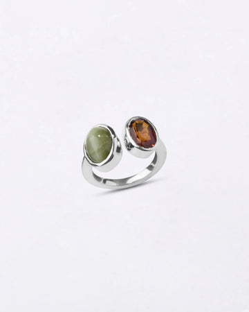 Minimalist Dual Cat's Eye Hessonite Ring in 925 Sterling Silver