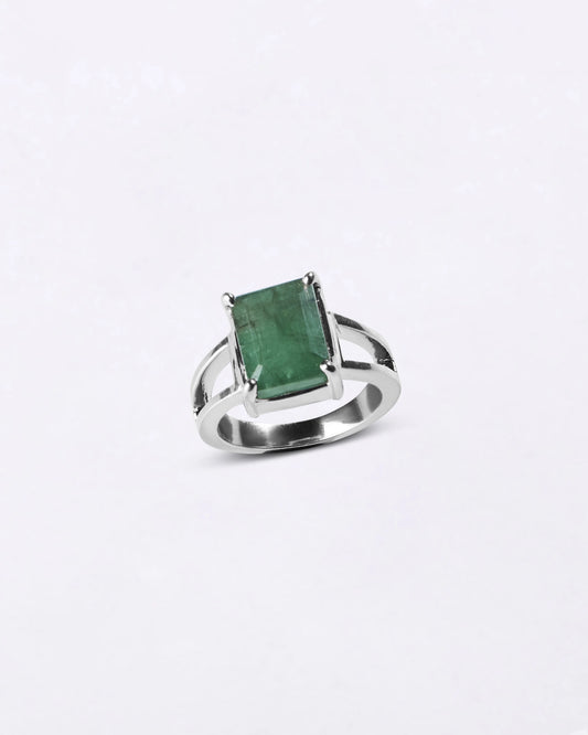 Ethereal Emerald (Panna) Ring in 925 Sterling Silver - Rectangular Urja