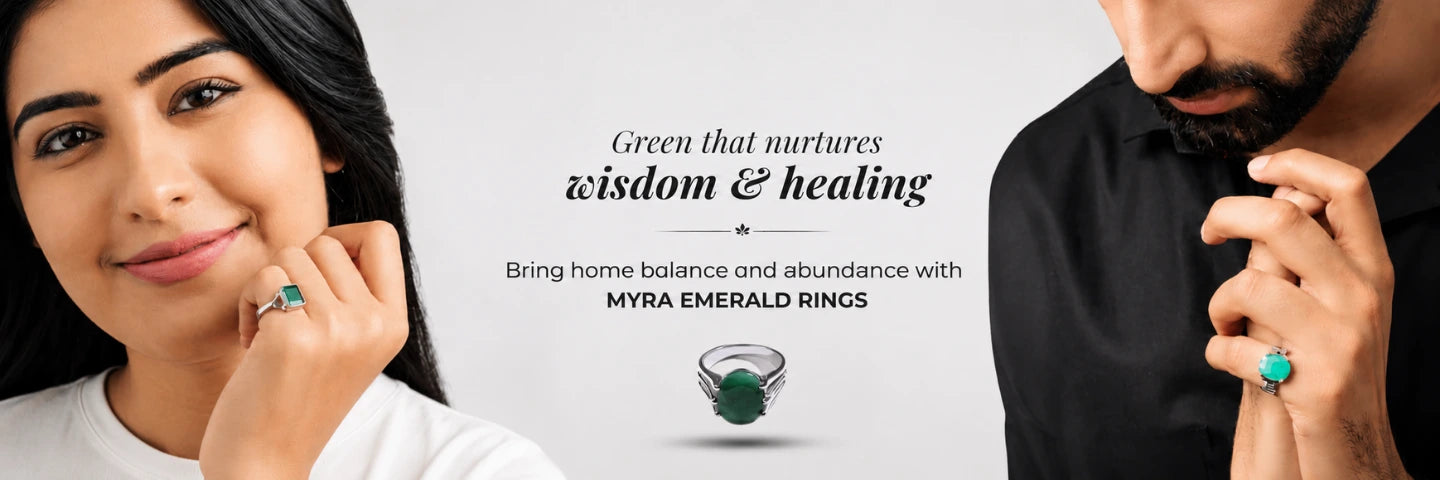 Myra Emerald Silver Rings in Male and Female Hand