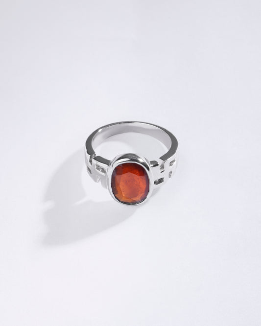 Swastik Garnet (Gomed) Ring in 925 Sterling Silver - Shakti