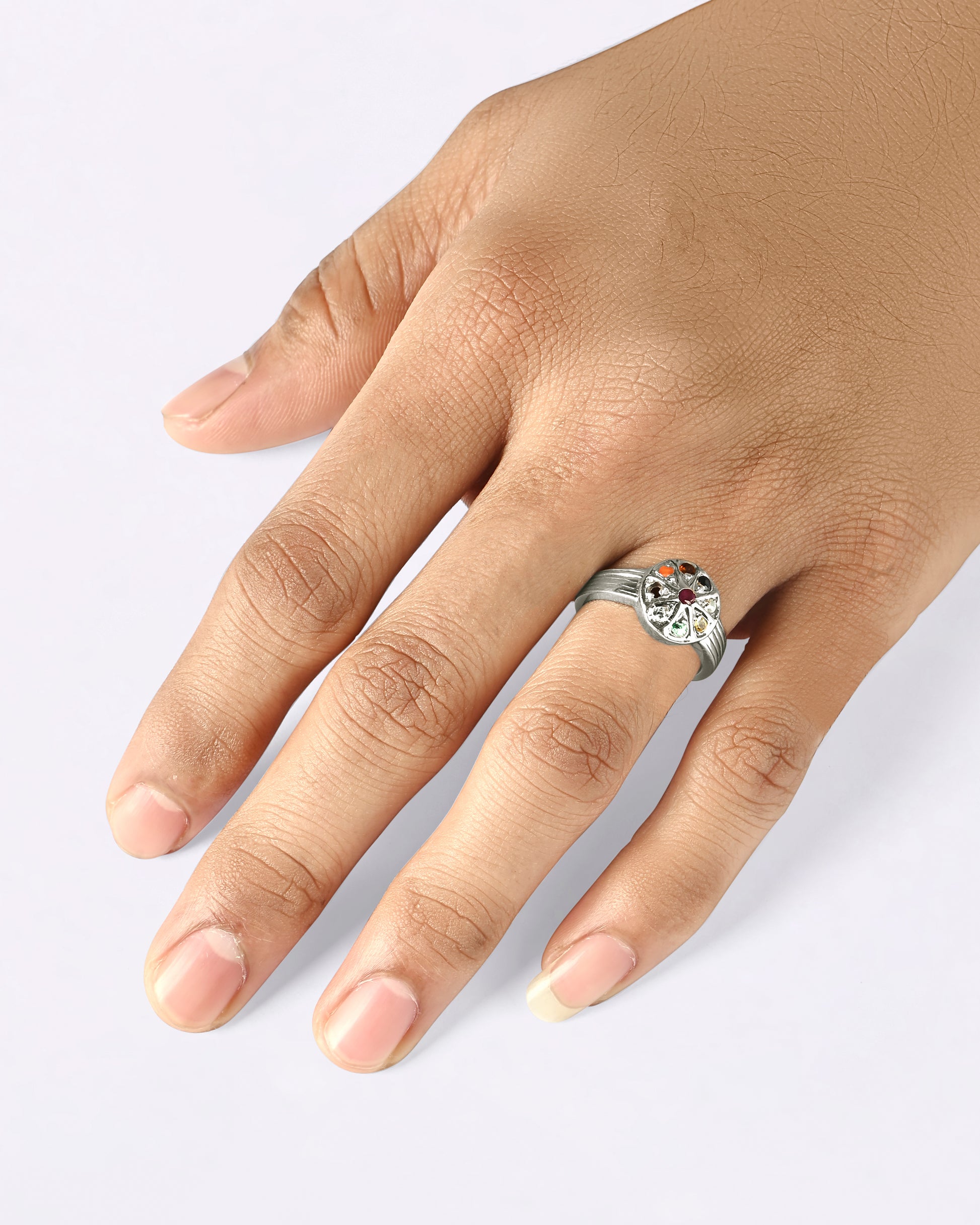 Silver navratna gemstone ring