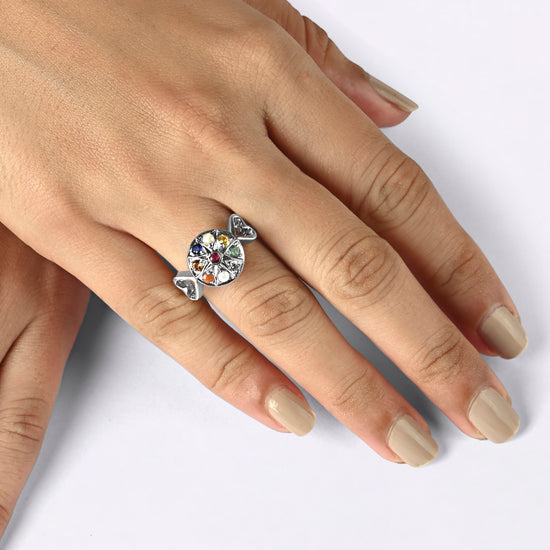 Silver navratna stone ring