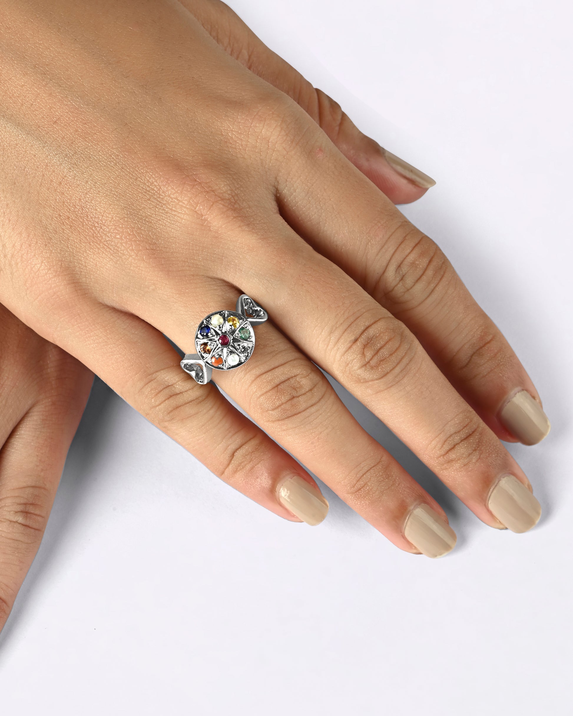 Silver navratna stone ring