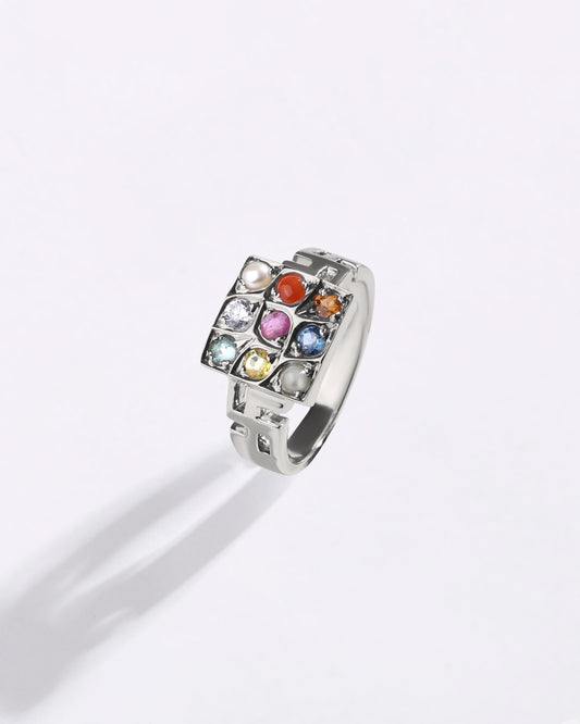 Swastik Navratna (Navgrah) Ring in 925 Sterling Silver