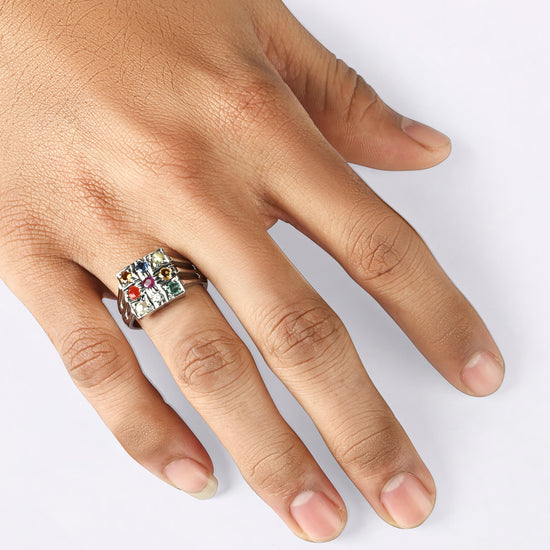 Silver navratna finger ring