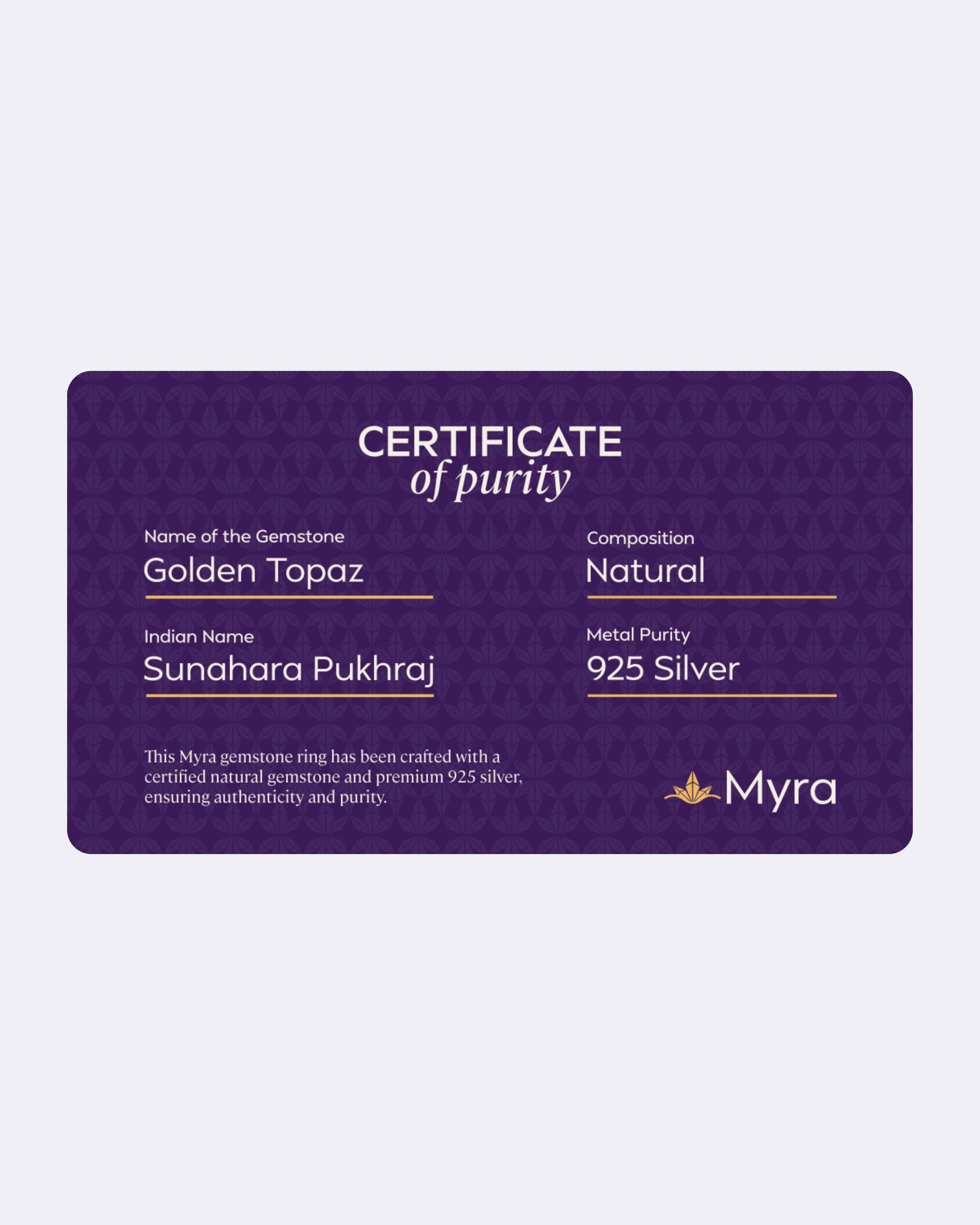 Certificate of Purity of Golden Topaz in 925 Silver