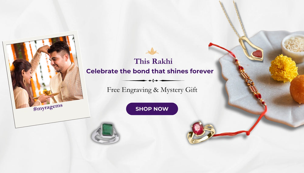 Myragems Rakhi gift bundle promotion with a red heart coral pendant, emerald silver ring, and gold ruby ring