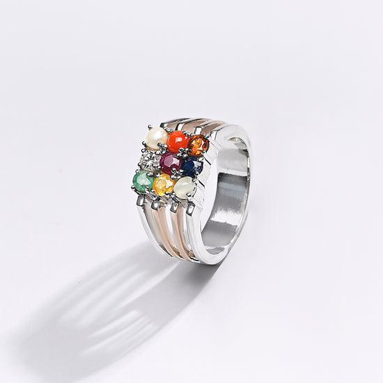 Premium Navratna Ring in 925 Silver from Myra Gems 