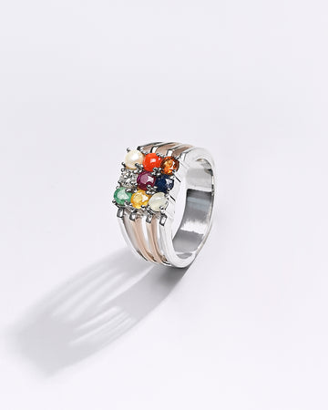 Premium Navratna Ring in 925 Silver from Myra Gems 