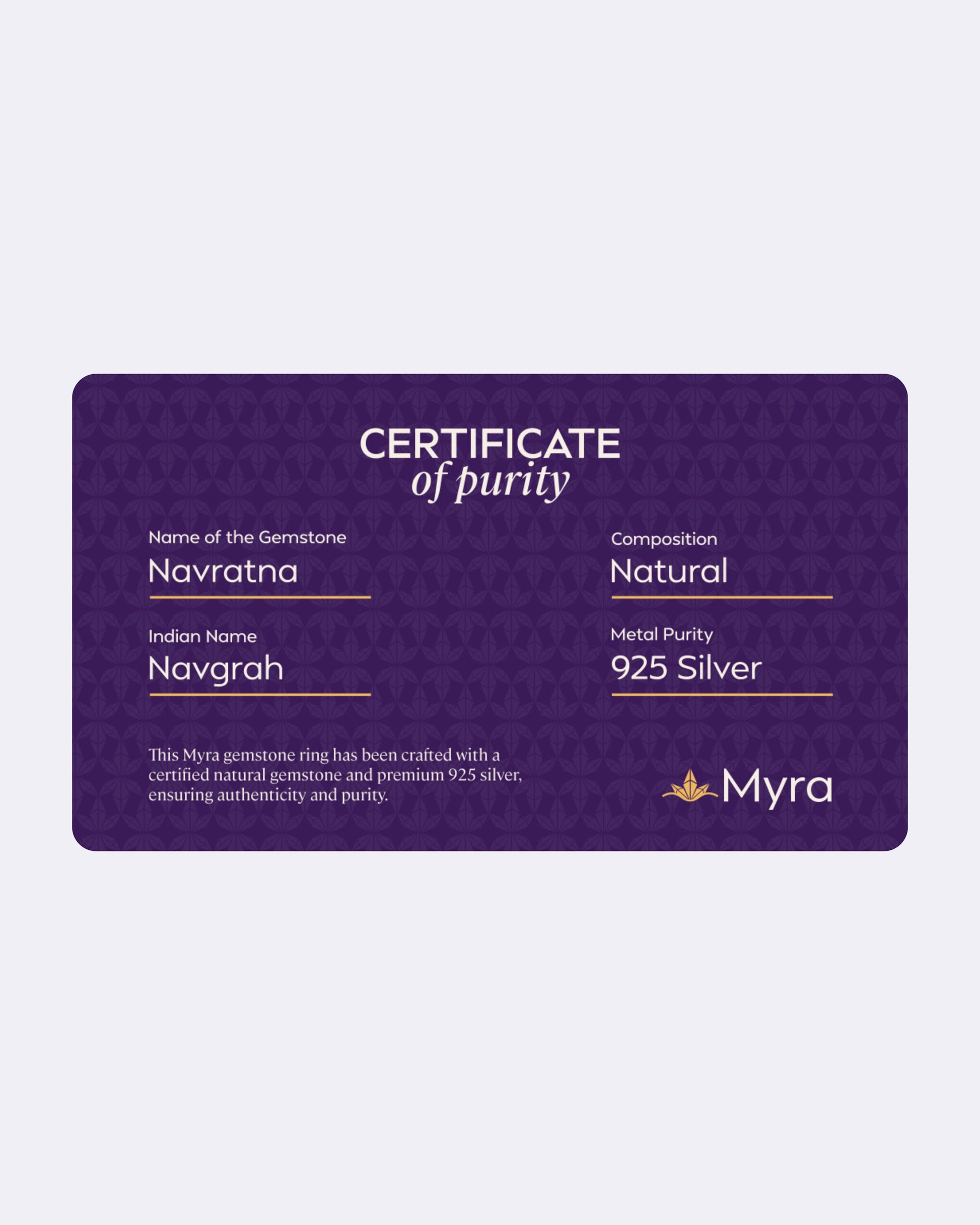 Certificate of Purity of Navratna in 925 Silver