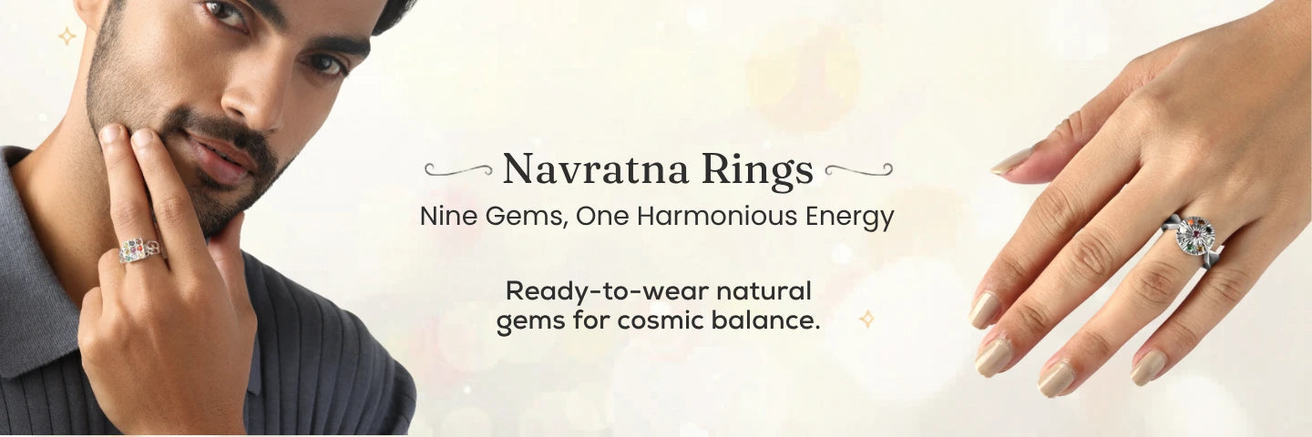 Myra Navratna Silver Rings in Male and Female Hand