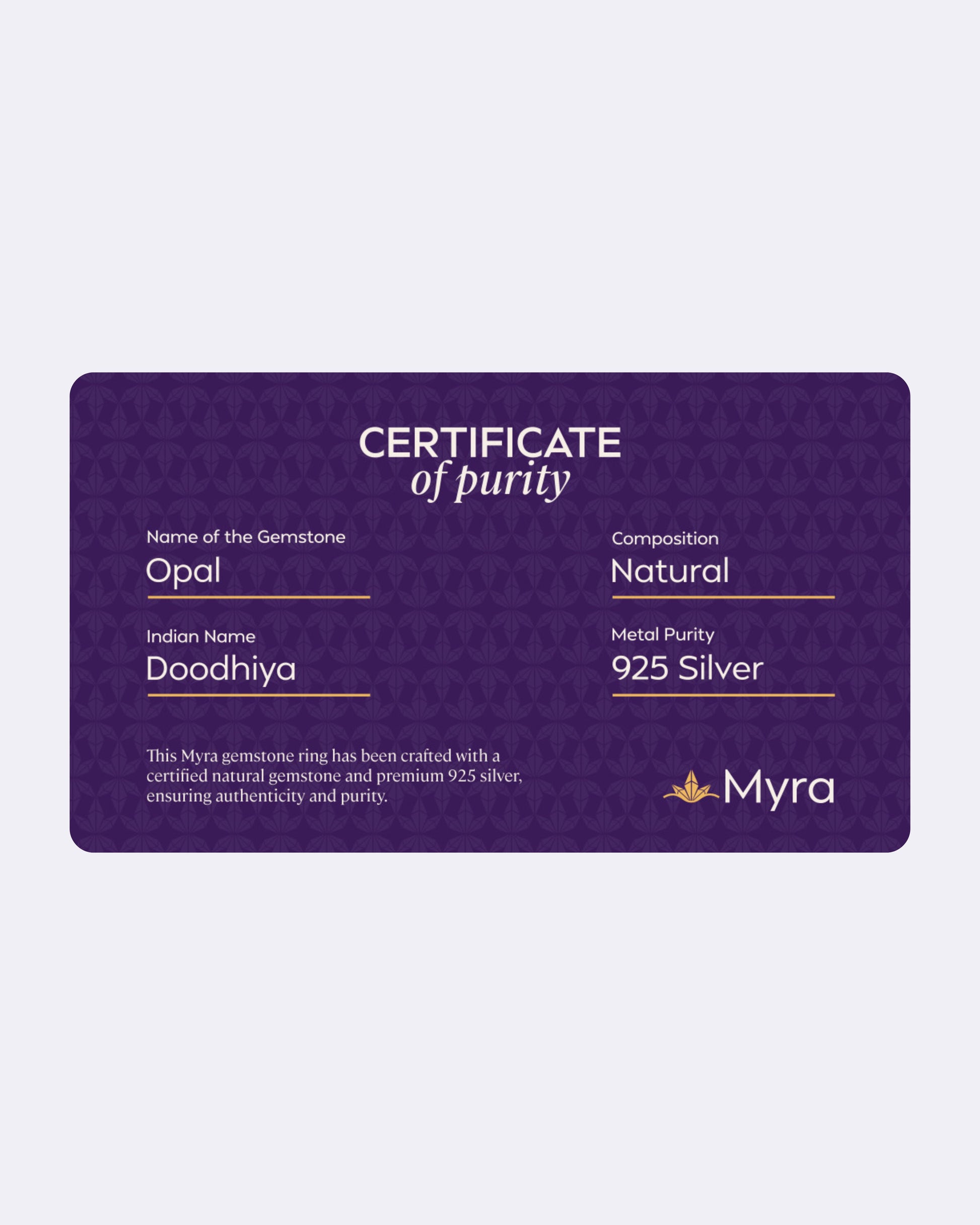 Certificate of Purity of Opal in 925 Silver