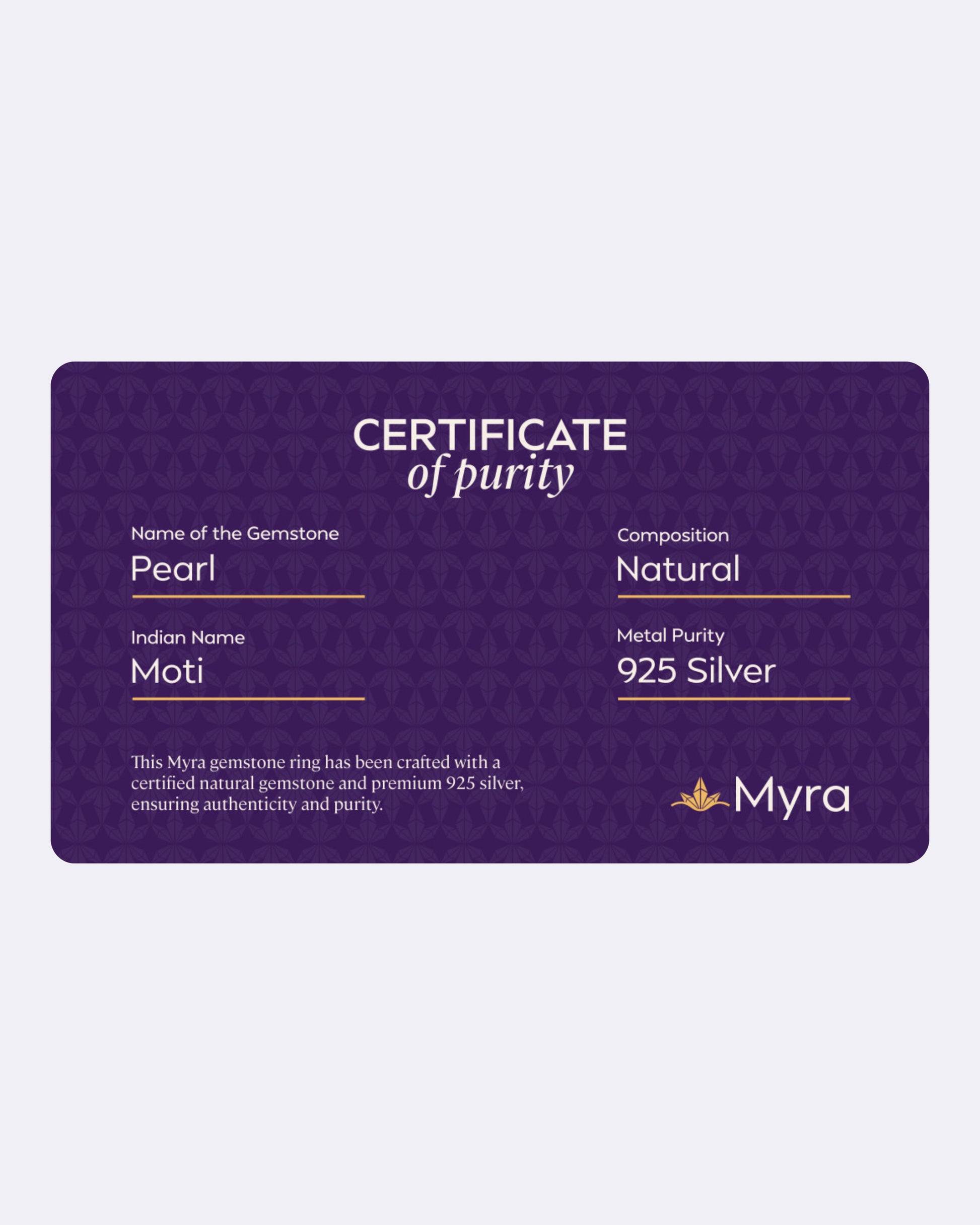 Certificate of Purity of Pearl in 925 Silver