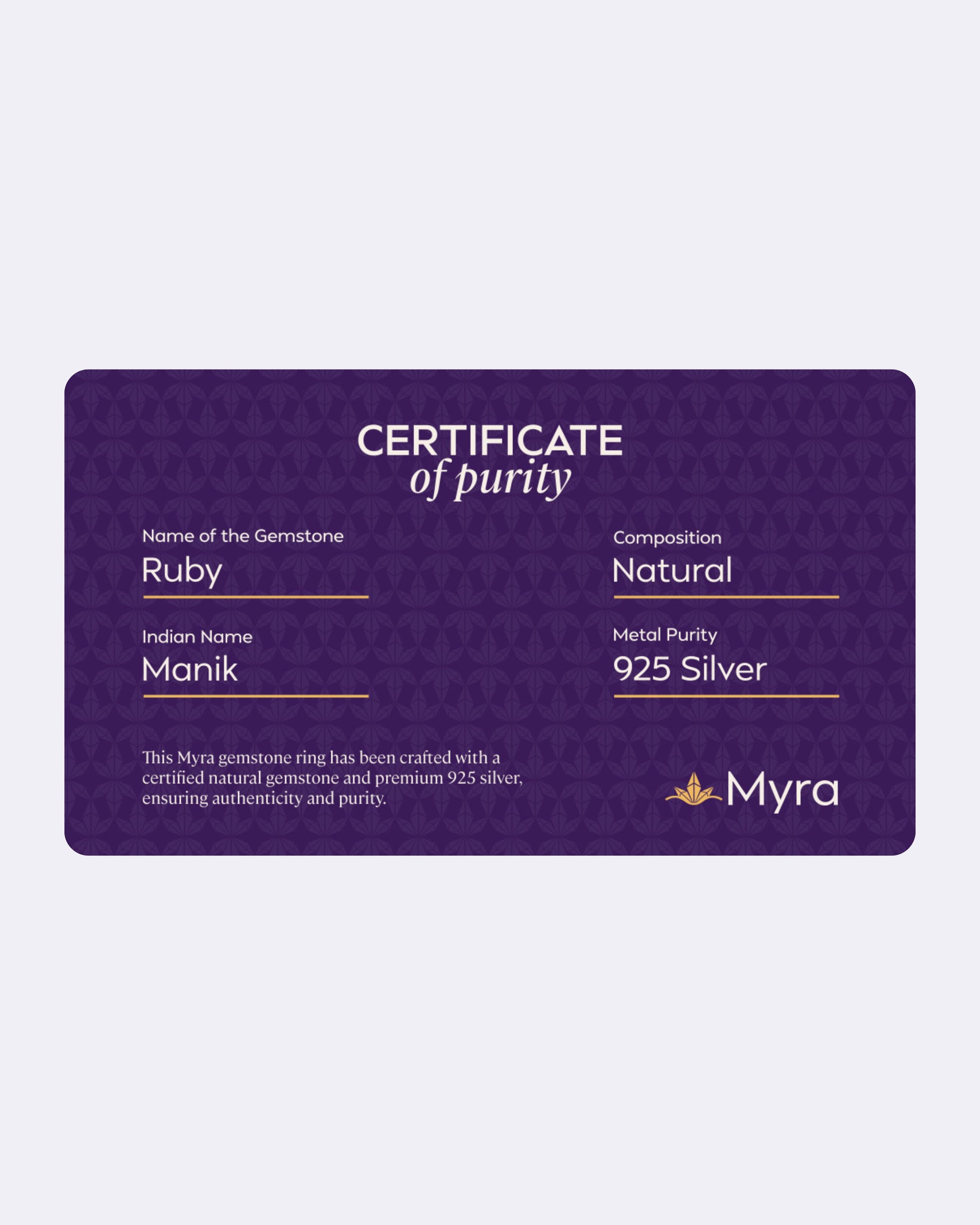 Certificate of Purity of Ruby in 925 Silver