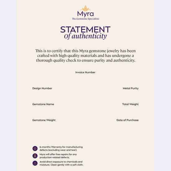 Myra statement of authenticity for gemstone jewelry on a light background