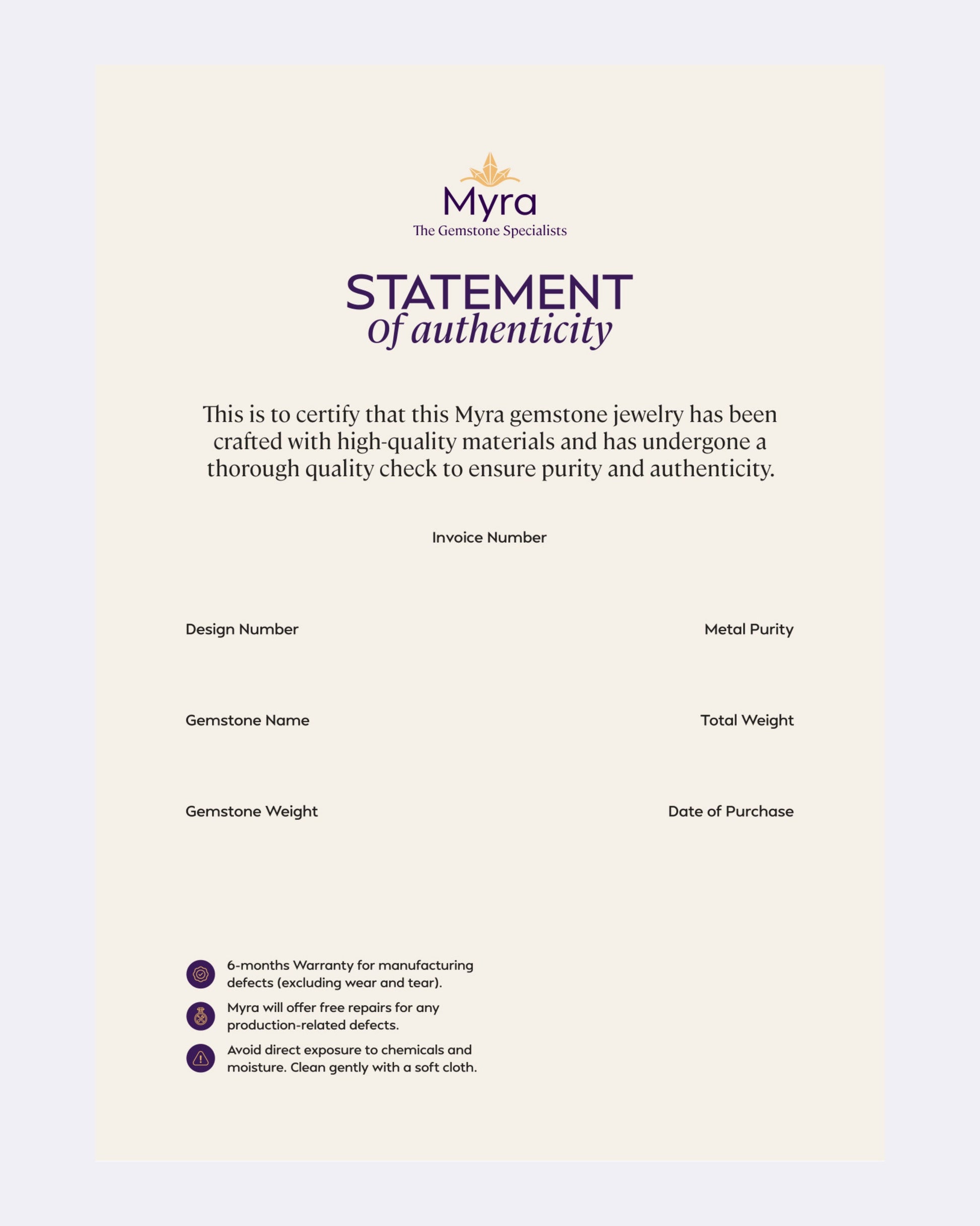 Myra statement of authenticity for gemstone jewelry on a light background