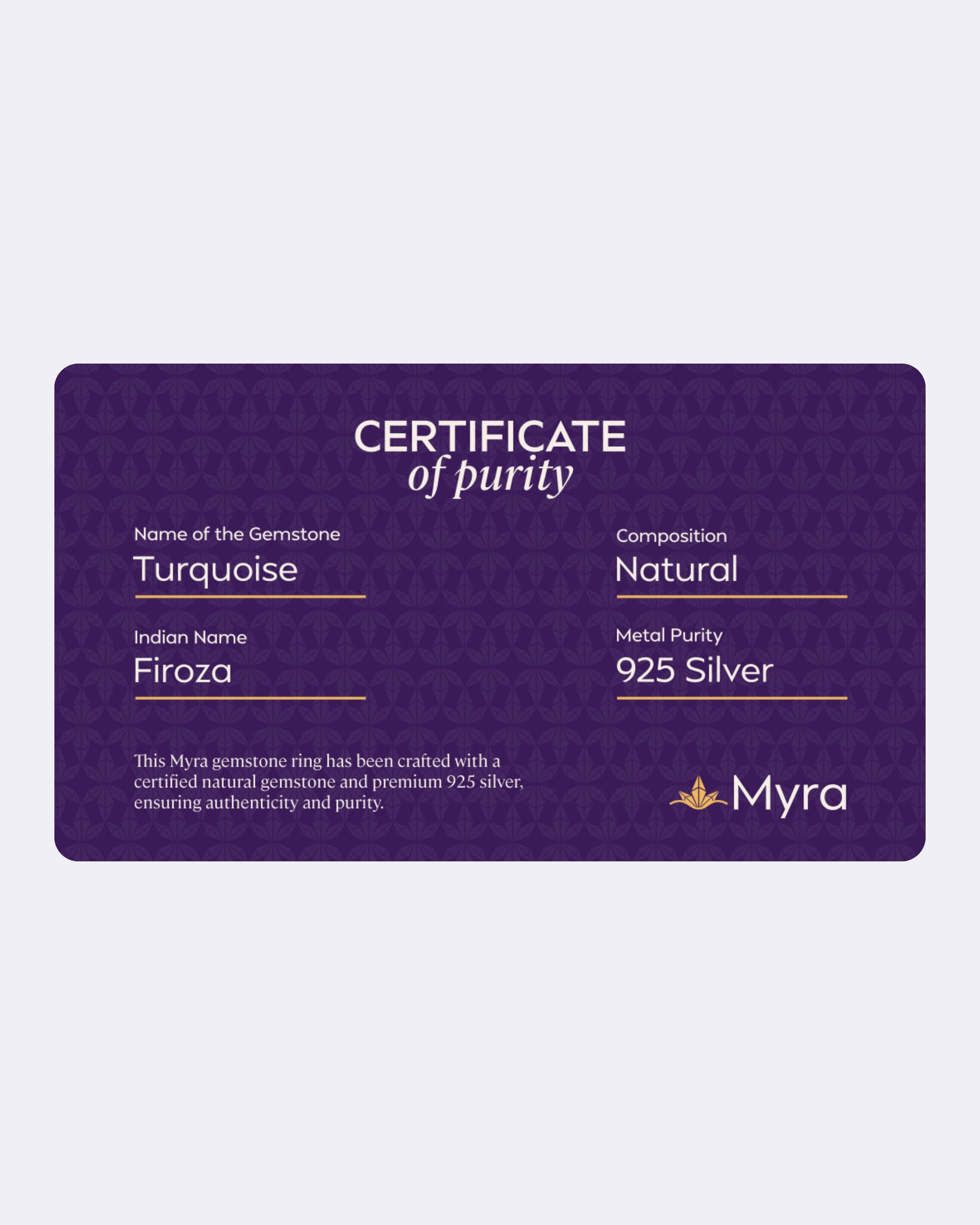 Certificate of Purity of Turquoise in 925 Silver
