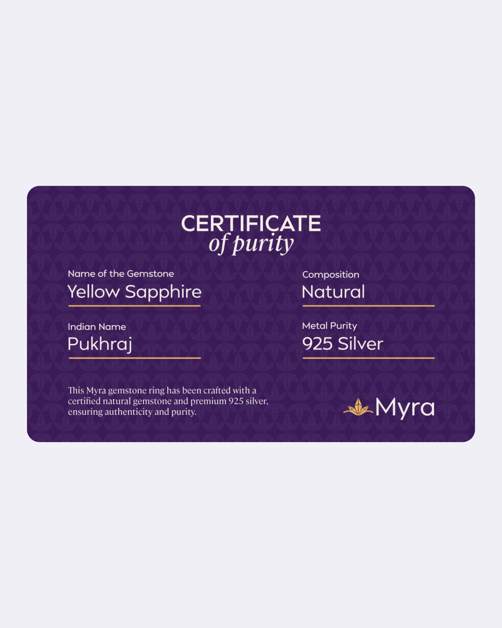 Certificate of Purity of Yellow Sapphire in 925 Silver