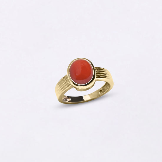 Elite Collection of Moonga Gemstone Ring in Gold from Myra Gems