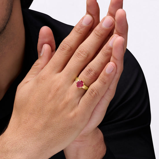 Male Wearing Ruby Ring for Love in 18K Gold from Myra Gems