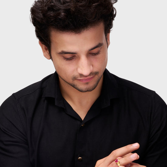 Male Wearing Ruby Ring for Love in 18K Gold from Myra Gems