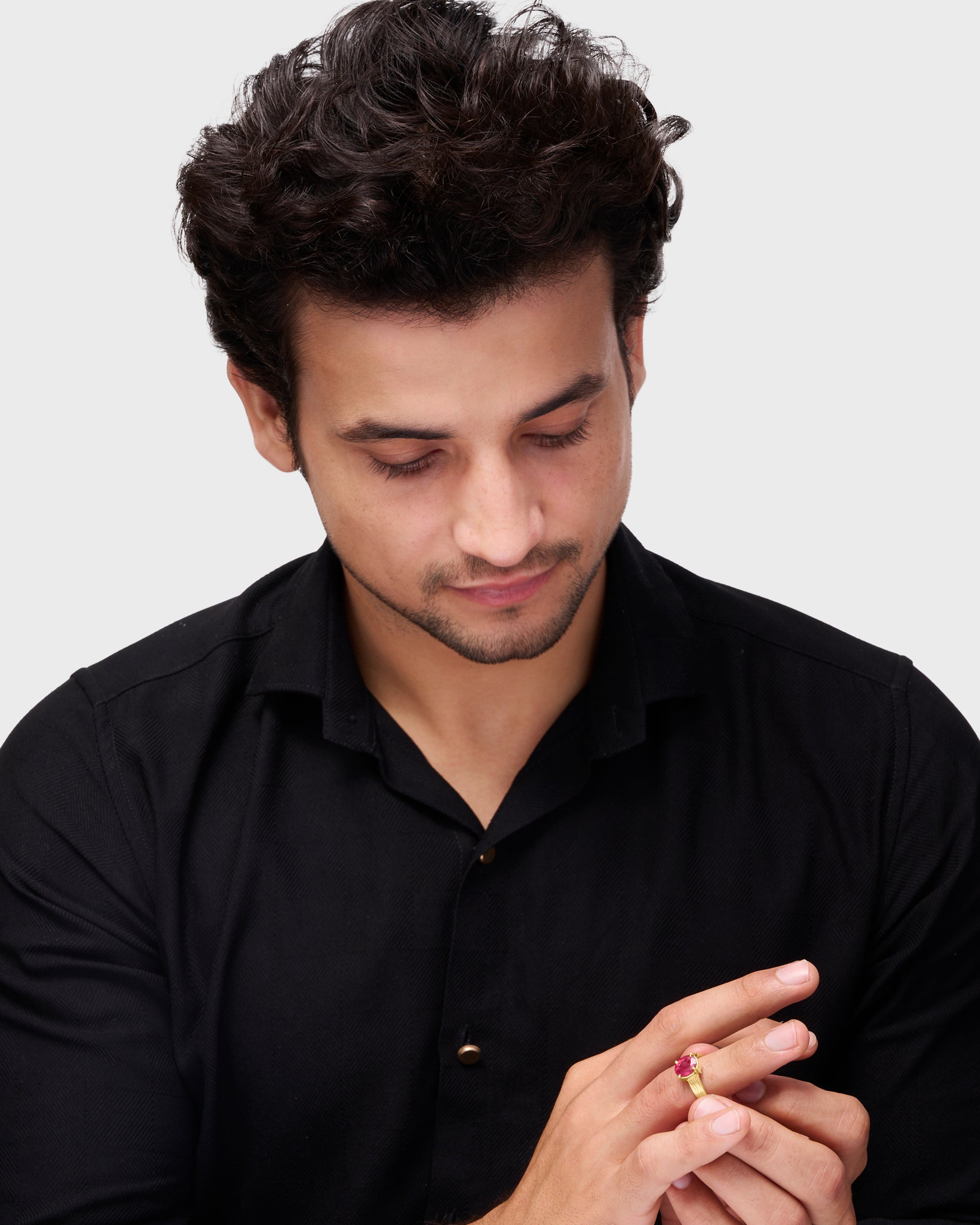 Male Wearing Ruby Ring for Love in 18K Gold from Myra Gems