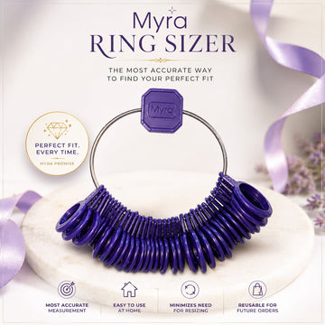Myra ring sizer on a white background with purple accents
